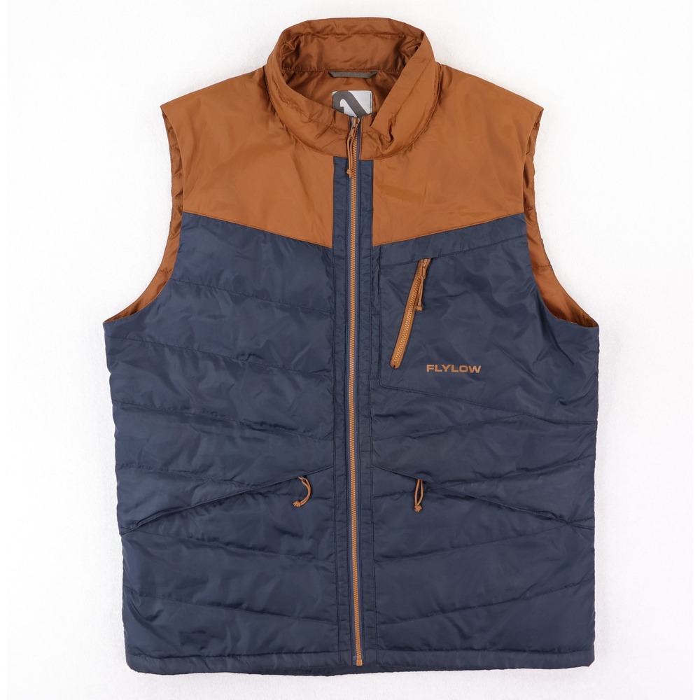 Flylow Larry Vest Down Mens Large Navy Brown Colorblock Puffer 600 Fill Full Zip